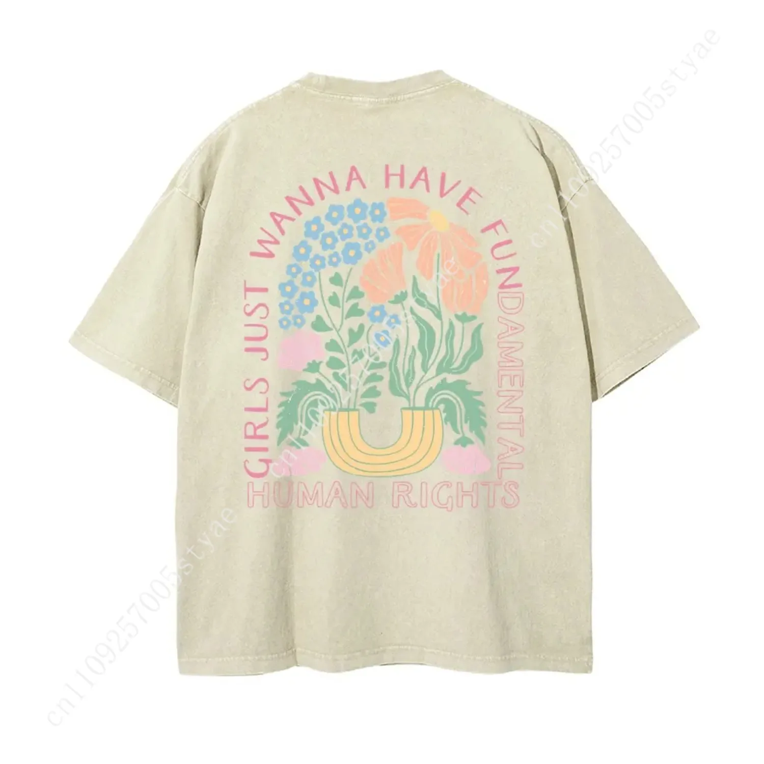 Girls Just Wanna Have Fundamental Human Rights Tee Oversize Unisex Washed T-Shirt for Women and Men's Unisex Fit Batik Cotton Ov