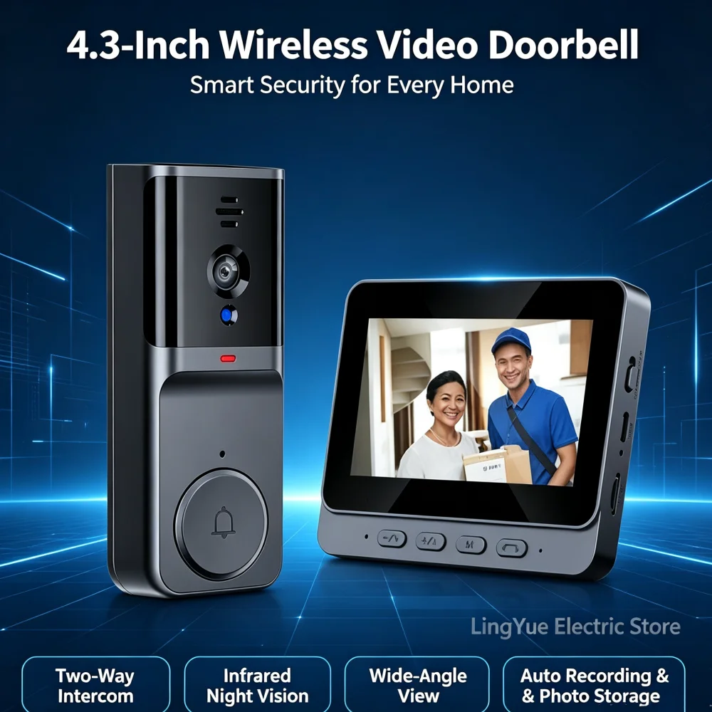 Wireless Video Doorbell 4.3‑Inch Screen Two‑Way Intercom System IR Night Vision Home Security Door Bell Auto Video Recording
