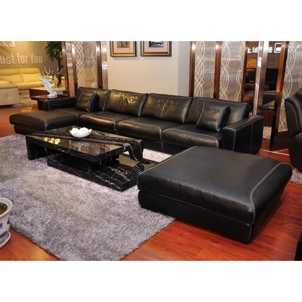 

Luxury Genuine Leather Sectional Sofa with Down Feather Cushions and Feather Backrests - Comfortable Modern L-Shaped Couch
