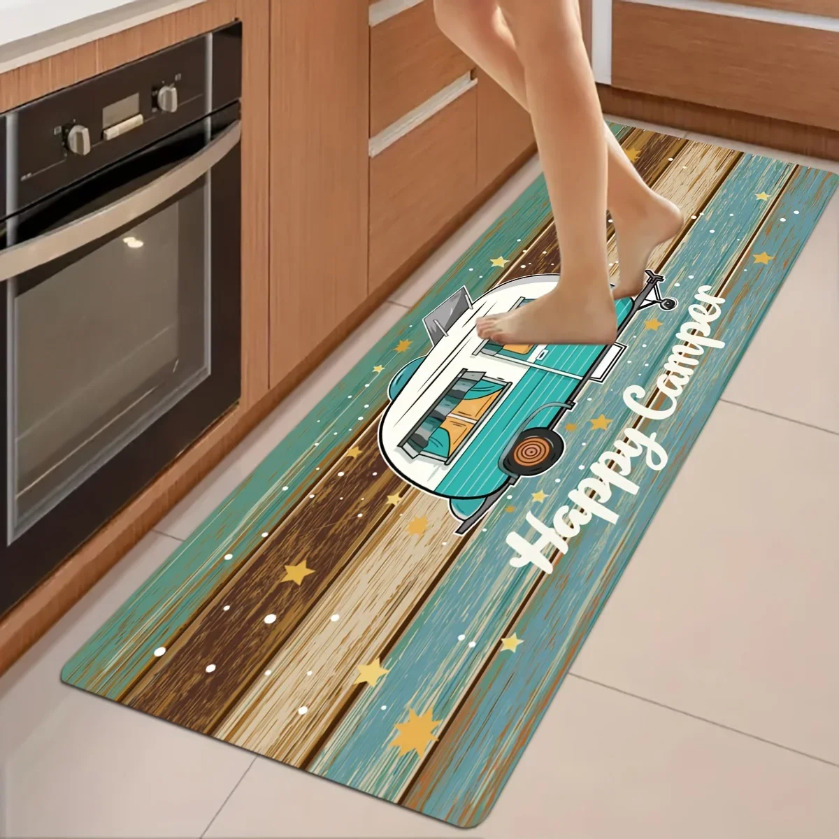 1pc Camper Kitchen Floor Mat with Colorful Wood Grain and White Letter Pattern Design - Crystal Velvet Rectangular Mat, 1000g