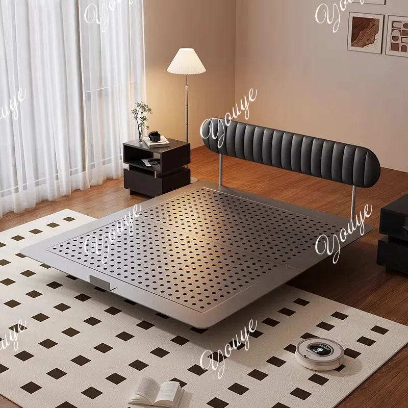 

Ultra-thin bedside carbon steel suspension bed, modern minimalist bed, black light luxury leather bed, bread bed