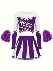 Girls Cheerleading Children Purple Long Sleeved Skirt set Cute Sports Children's Pom-poms Performance Party Clothing