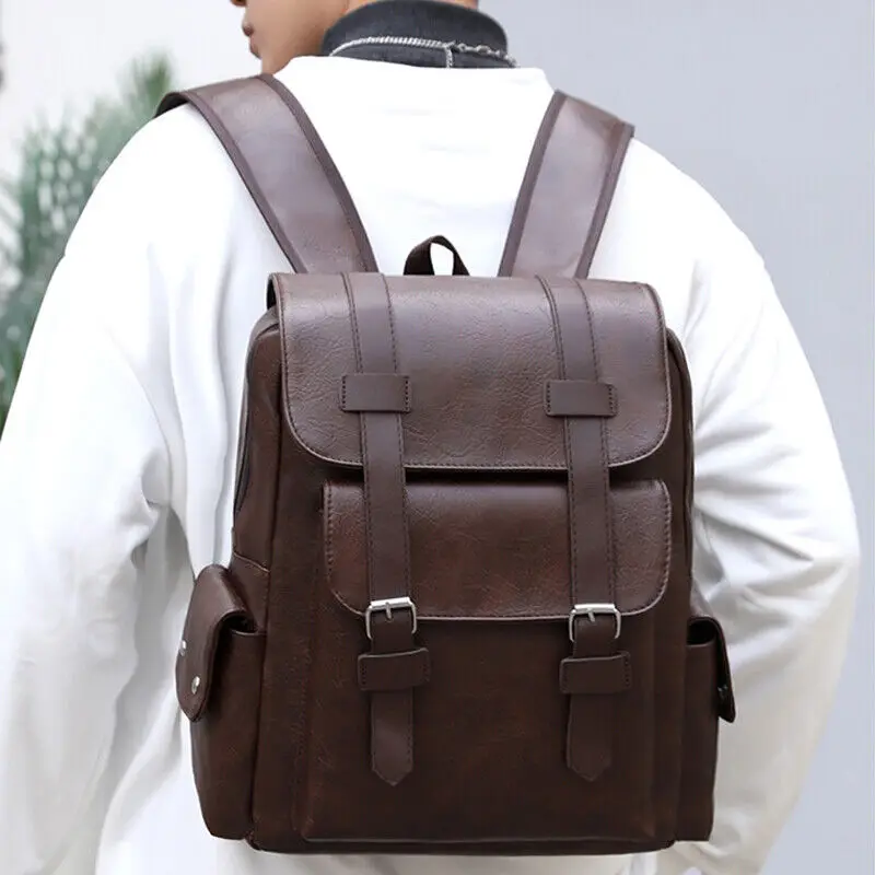 Classic Vintage Men Backpack PU Leather Business Travel Rucksack High Quality Multiple Pockets Water Resistant Casual Laptop Bag