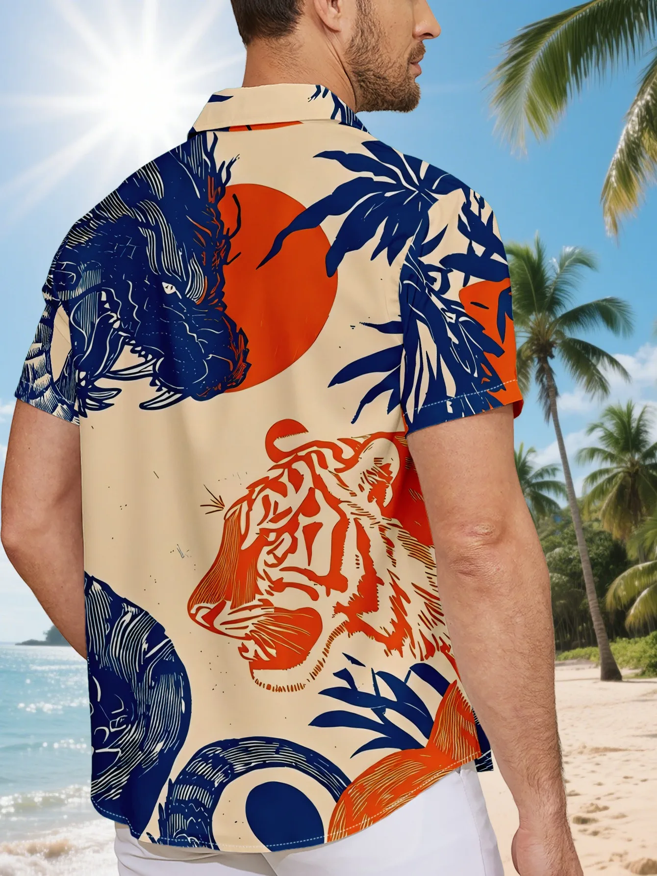 Men Short Sleeve Button Down Shirt Beige Tiger Tropical Leaf Print Polyester Beach Casual Holiday Blouse