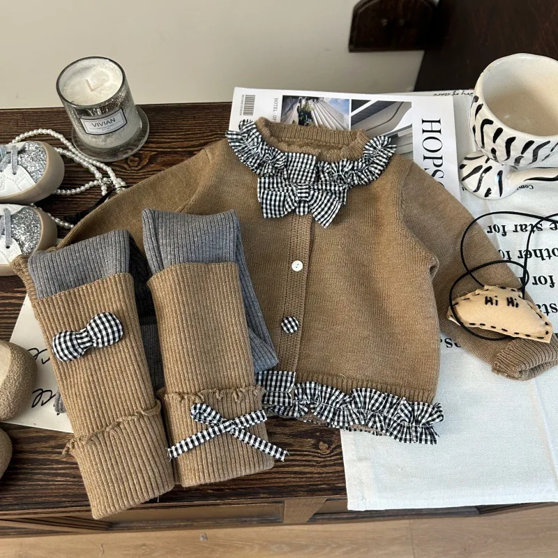 

Children's Clothing2025New Autumn Girls' Plaid Patchwork Sweater Cardigan Bowknot Leggings Two-Piece Set Trendy