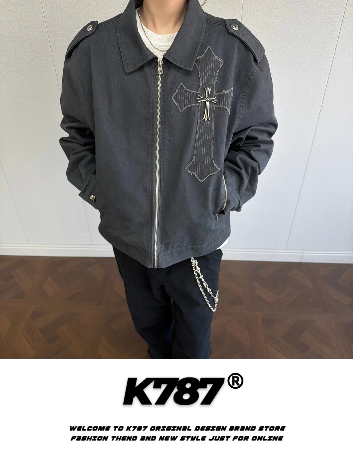 

K787 American Retro Cross Decoration Lapel Jaet Zipper Casual Loose Men's Women's Gothic Sle Trendy Brand Outerwear