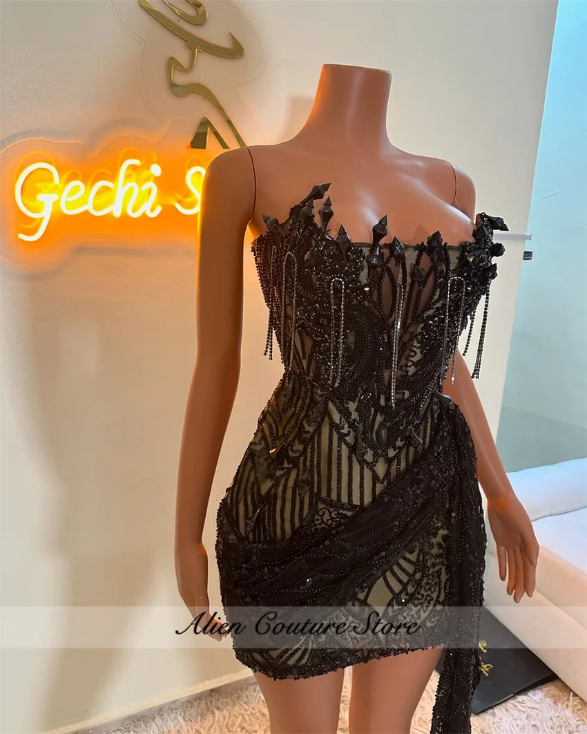 Glitter Black Crystal Beading Senior Homecoming Prom Dress Mini Cocktail Gown Birthday Dress Luxury 2025 Blackgirl Customized