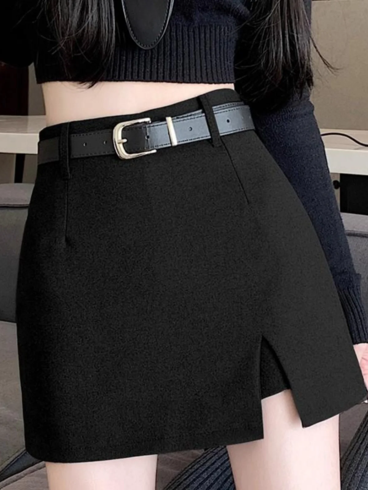 

Американский стиль: шерстяная короткая юбка с высокой талией для женщин, осенне-зимняя, для офиса, стройнящая, сексуальная, с разрезом, А-силуэт