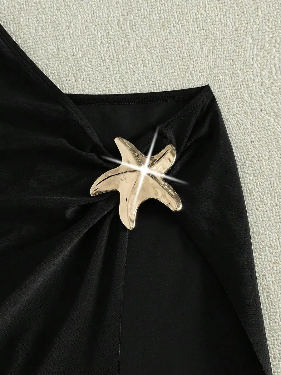 Black High Slit Maxi Dress With Starfish Embellishment Sexy Cutout Side Party Gown For Nightclub Beach Festival Summer view 6