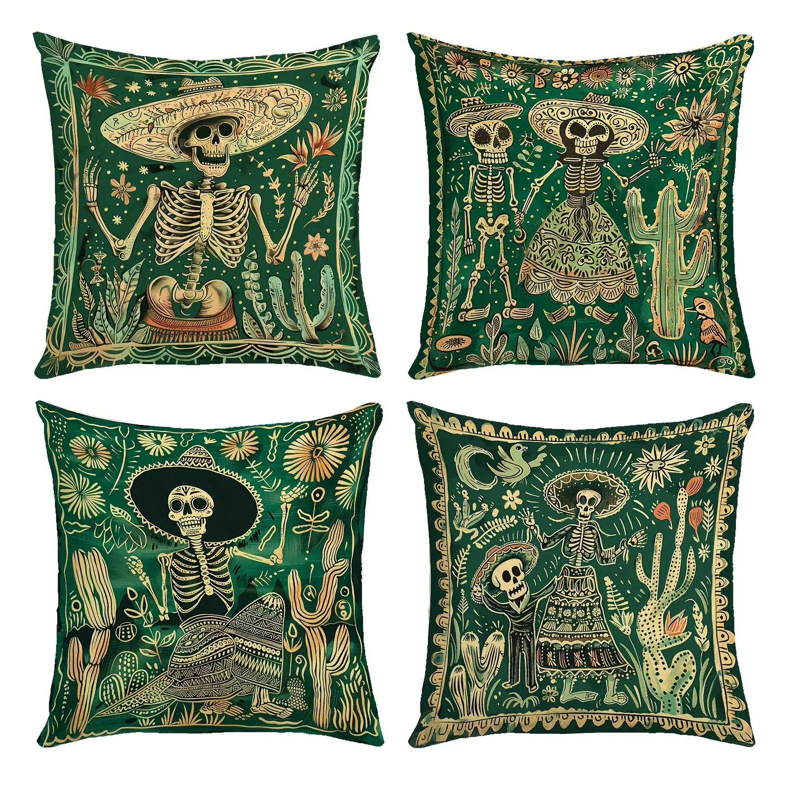 4 Stück mexikanischer Tag der Toten Stil, Totenkopf-Kaktus-Druck, Sofa, Schlafzimmer, Auto, Dekoration, Kissenbezug (ohne Kern)