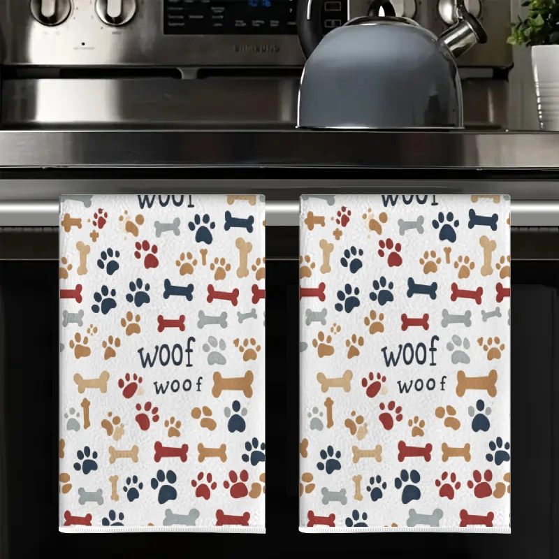 2Pcs, Dog Paw Print Bone Kitchen Towels, 40Cm*60Cm Towel Set, Super Absorbent Soft Cleaning Cloth, Cooking and Baking Tea Towels, Hand Towels, Cleaning Cloths, Dishcloths, Kitchen Decor, Living Room Decorations, Kitchen Essentials, Home Essentials