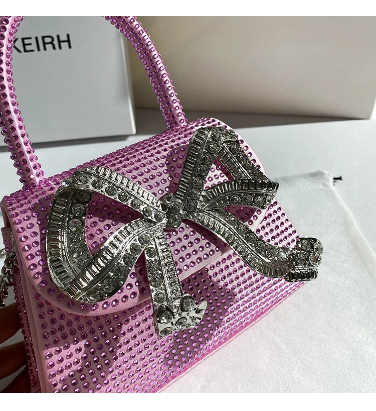 Luxury Metal Bow Satin Women\'s Handbag Glitter Shiny Rhinestones Diamonds Evening Bag Wedding Party Clutch Purse Crossbody Bag