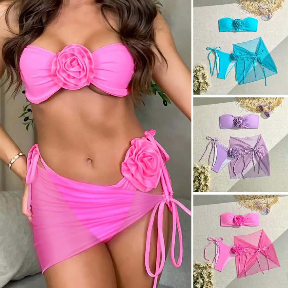 Conjunto de biquíni feminino de cintura alta, moda praia elegante, decoração 3D com flor rosa, controle da barriga, maiô único para o verão