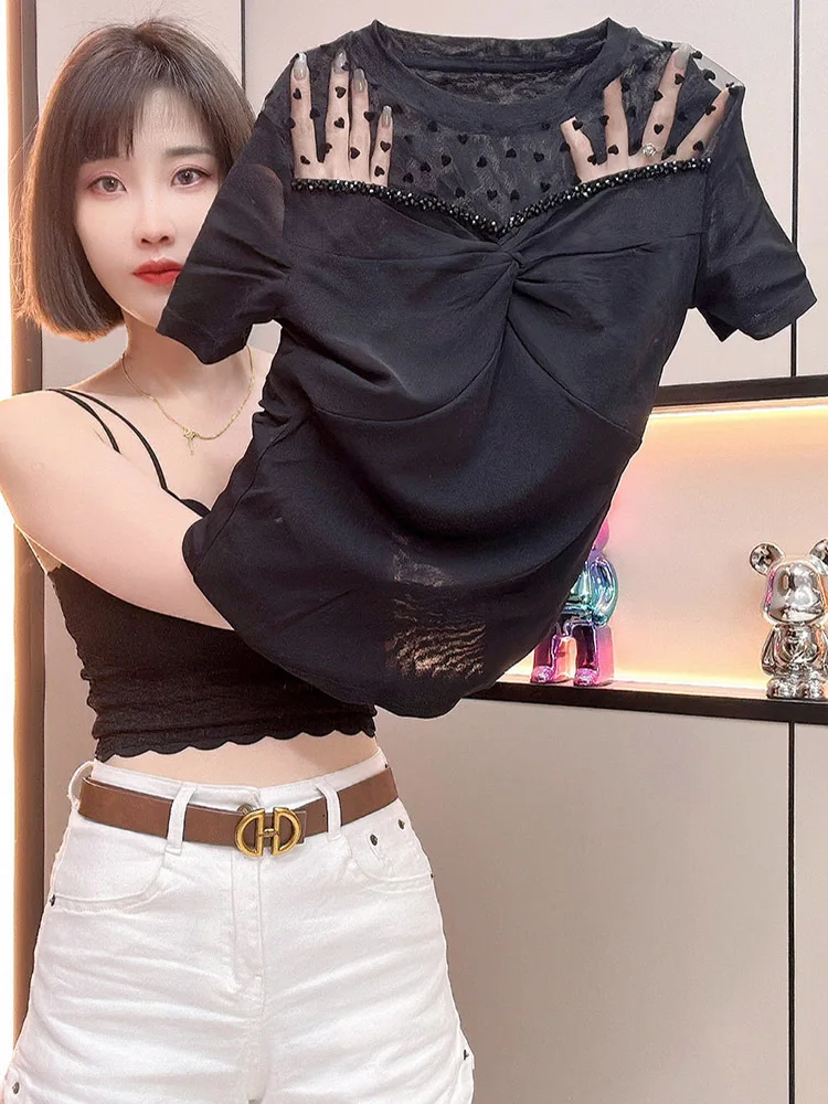 

Summer thin mesh slim fit T-shirt hollow out short sleeved women's French style high-end feel pleated patchwork lace top