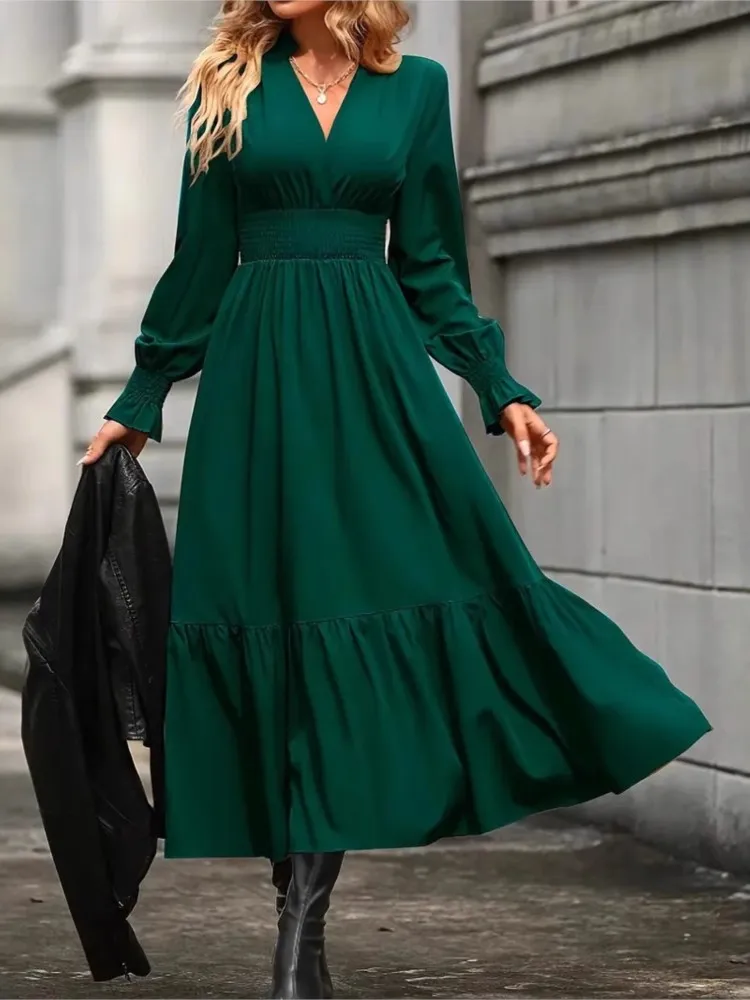 Fashion V Neck Dress For Women Casual Solid Long Sleeve High Waist Loose Dresses Robe Femme Holiday Streetwear Women's Clothing