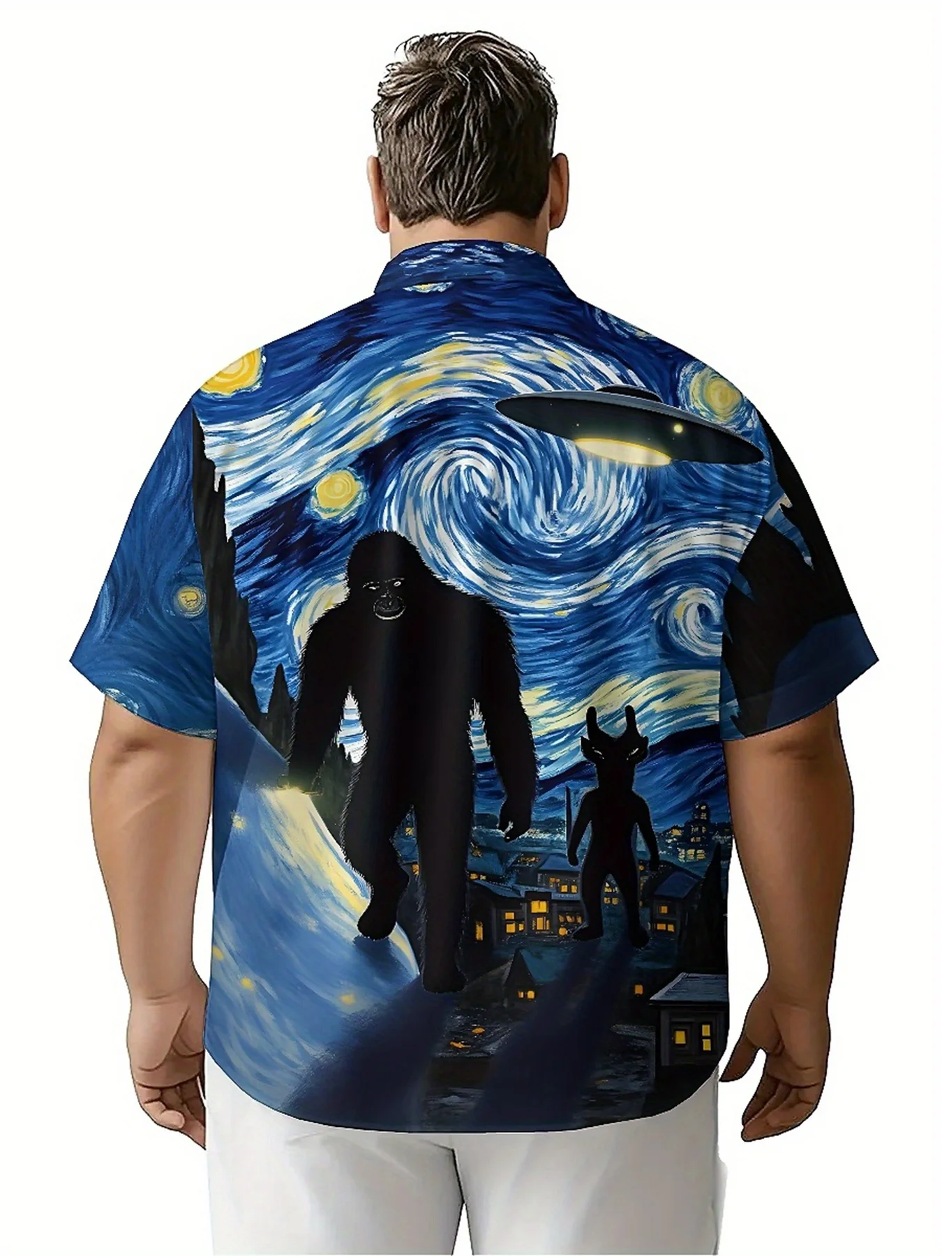 Men's Plus Size Hawaiian Shirts Sasquatch and UFO, Van Gogh Style pattern,Unisex Baggy Aloha Shirts,summer Alternative Clothing
