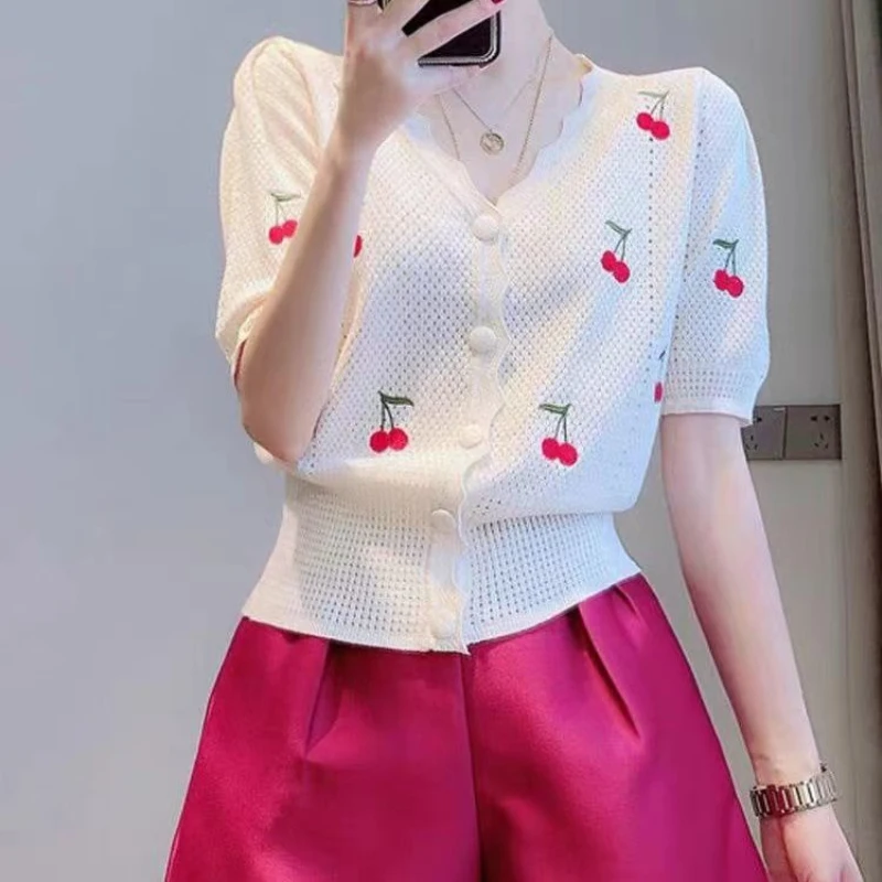 

Cherry Embroidery Cardigan Women Summer Hollow Out Loose Sweaters Knitted Korean Style Fashion Outwear Floral Cardigan Feminine