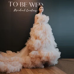 Dramatic Cloud Tulle Party Dresses Extra Lush Tiered Mesh Garden Bridal Dress for Photoshoot Long Train Strapless Wedding Gowns