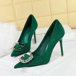 BIGTREE Shoes Metal Rhinestone Belt Buckle Women Pumps Suede High Heels Luxury Banquet Shoes Sexy Party Shoes Women Stilettos