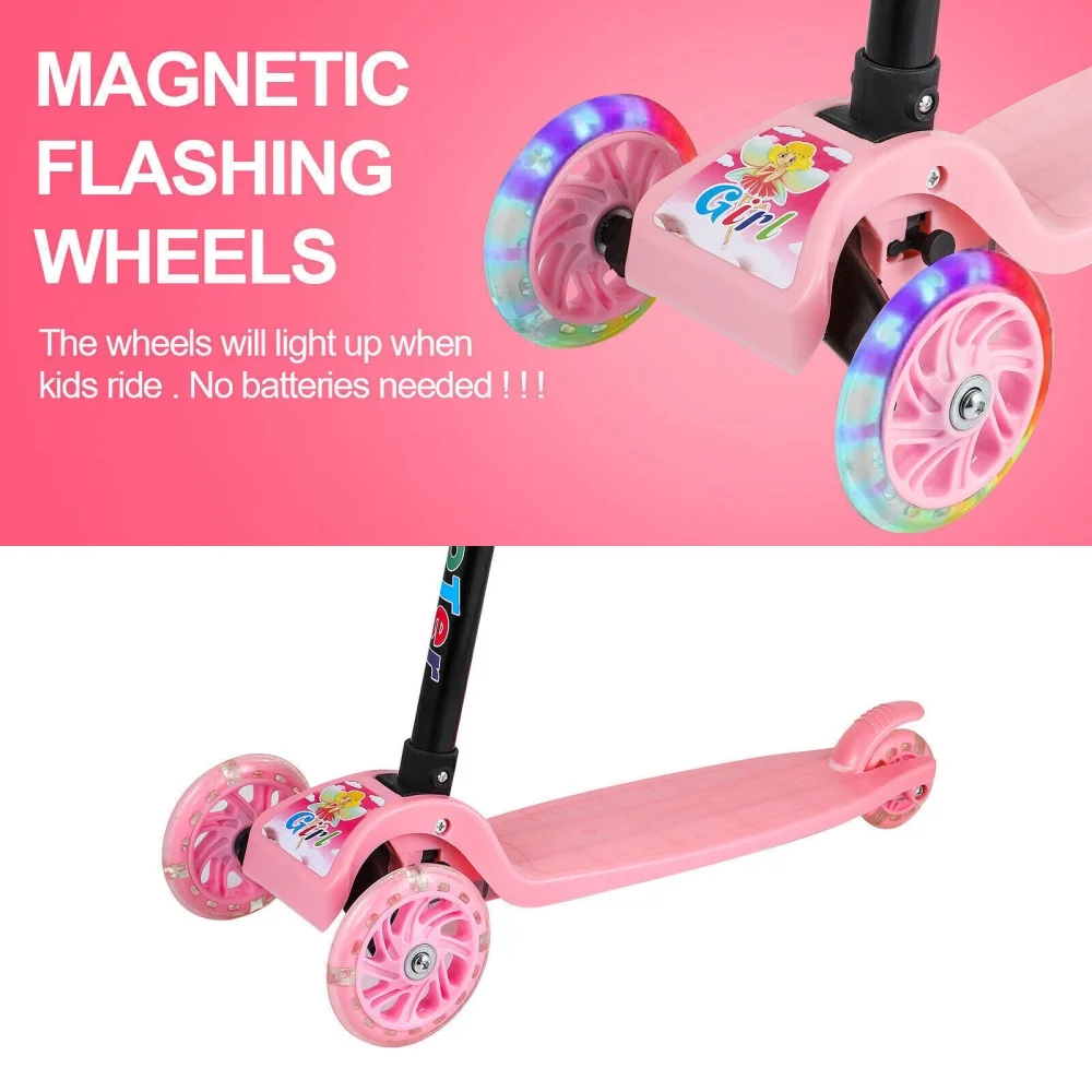 Pink Kids Scooter 3 Wheels Kids Kick Push Flashing Led Light Up Adjustable