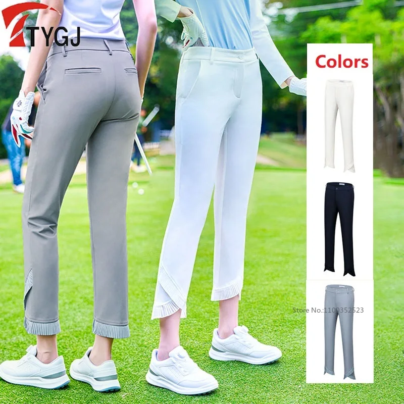 

Ttygj Golf Cropped Pants Women Ruffle Pleated Casual Sports Pants Ladies Slim Elegant Golf Trousers Waterproof Leisure Wear