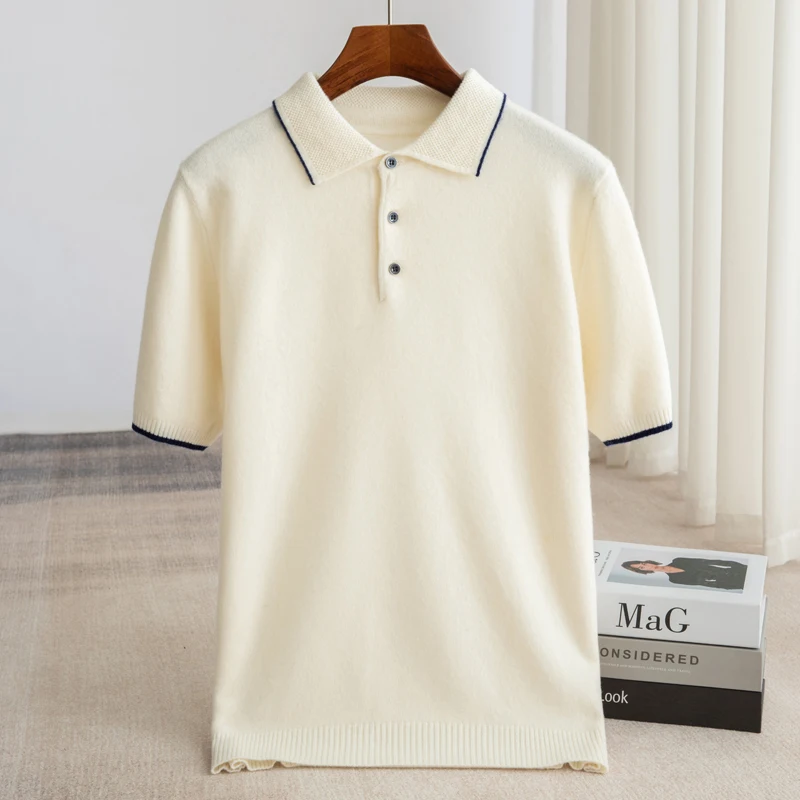 Autumn And Winter 100% Pure Wool Short-Sleeved Sweater Men's Casual Knitted Half-Sleeved Shirt Loose Polo Collar