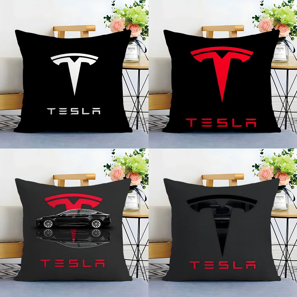 Luxury T-tEsla-S Car Logo Pillow Case Plush Fabric Soft  Pillowcase Double Sided Print Cushion Cover Household Gifts