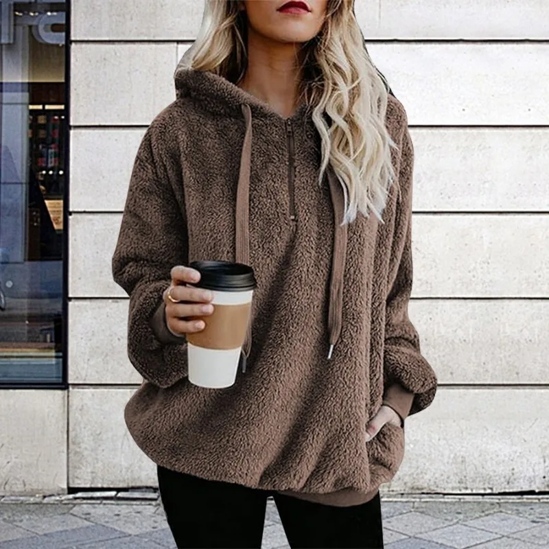 Women Solid Fuzzy Fleece Hoodie Loose Long Sleeve Drawstring Pullover Casual Warm Winter Outerwear Multi Colors