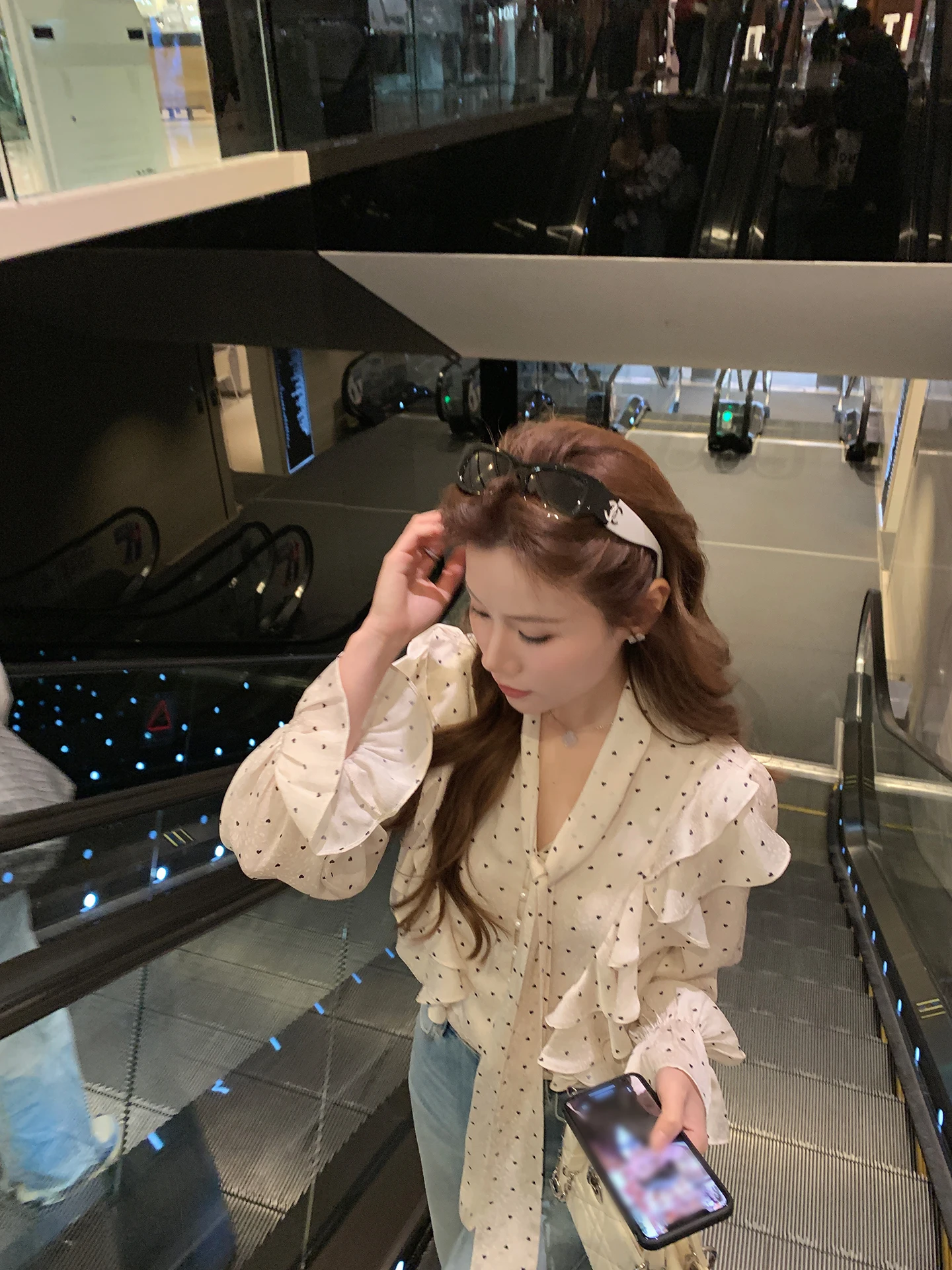 

French Style Loose Fit Long Sleeve Shirt Pearl Button Detail Heart Polka Dot Print Bell Sleeve Tie Waist Design Women's Top
