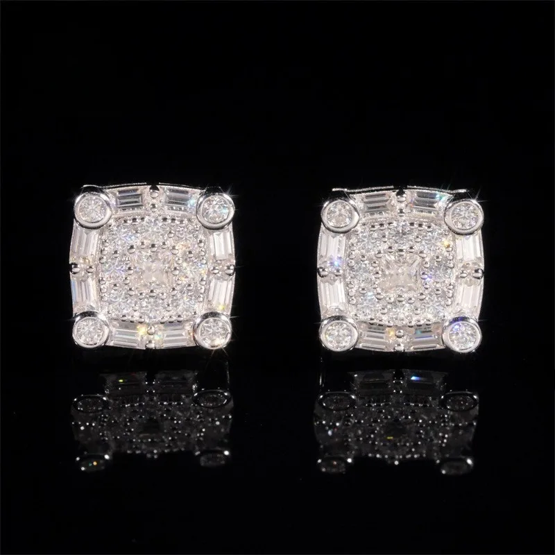 Iced Out Square Baguette Cut Moissanite Stud Earrings Screwback 925 Sterling Silver Rhodium Plated Pass Diamond Tester with Gra