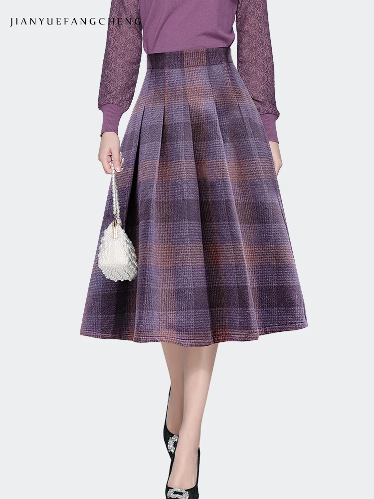 Women Autumn Wool-like Knitted Purple Plaid Skirt High Waist A-Line Pleated Mid-length Skirts With Pockets Fashion Casual Bottom