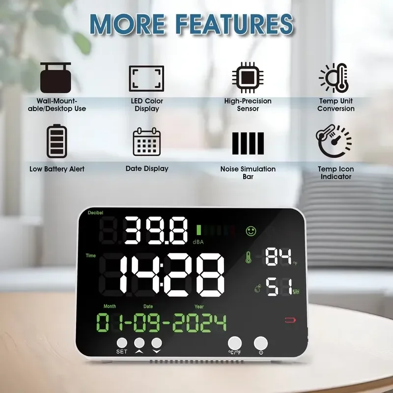 Portable Wall Mounted Digital Noise Decibel One-second Rapid Sampling Supports Type-C Data Port Charging