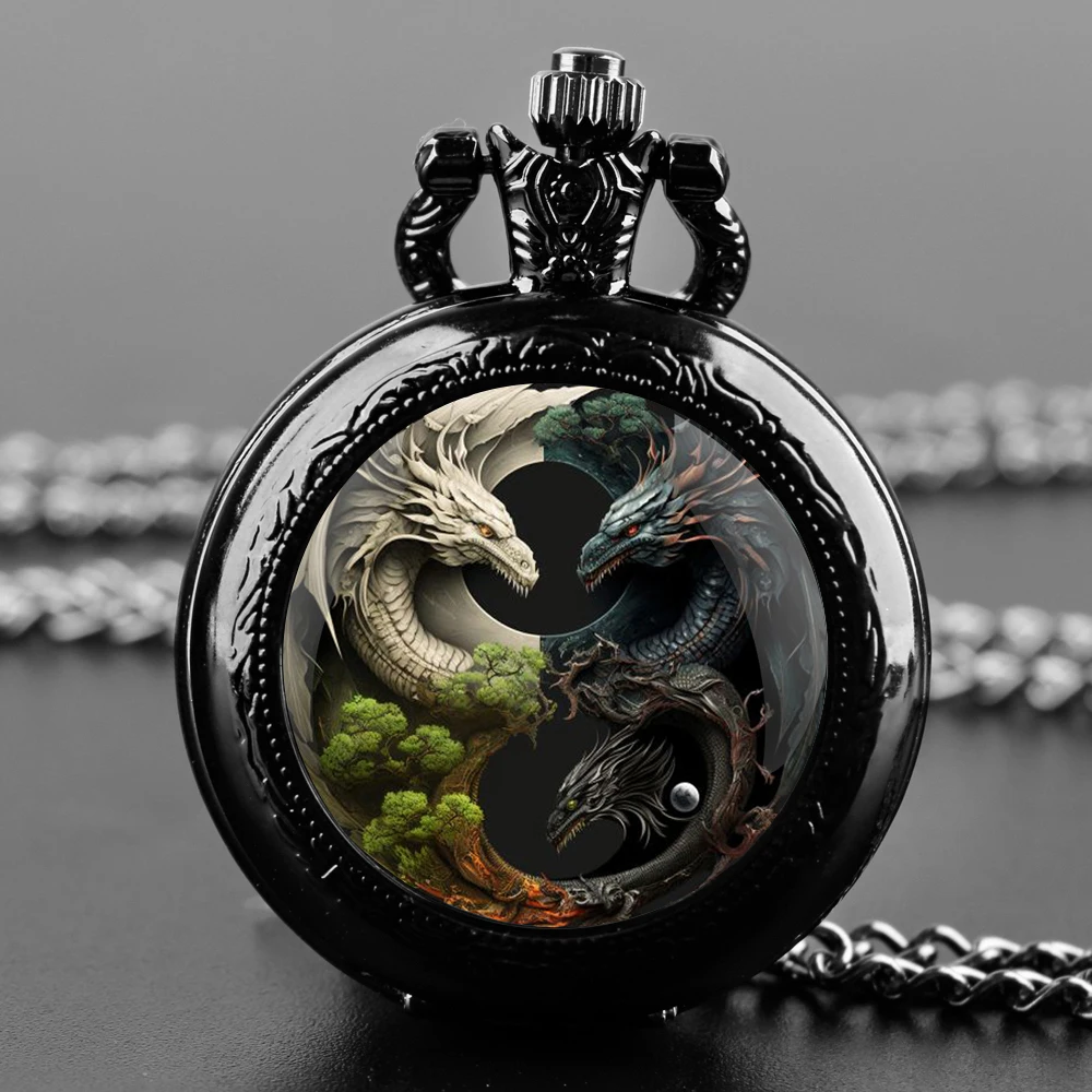 Mysterious Cool Dragon Design Glass Dome Vintage Quartz Pocket Watch Men Women Pendant Necklace Chain Clock Watch Jewelry Gifts