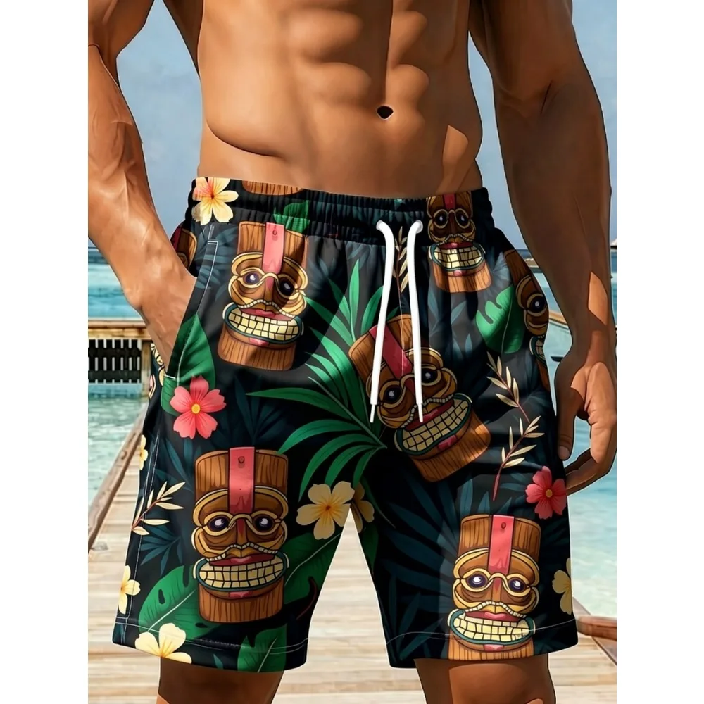 Tropical Hawaii Retro Tiki Statue Frangipani Leaf Full Print Men Quick Dry Summer Vacation Surfing Board Shorts