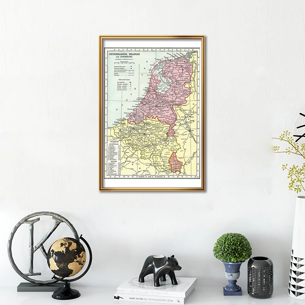 Cartaz de arte vintage, 42*59cm, a bélgica e os holanda, mapa político em 1938, material escolar, decoração de casa, pintura em tela