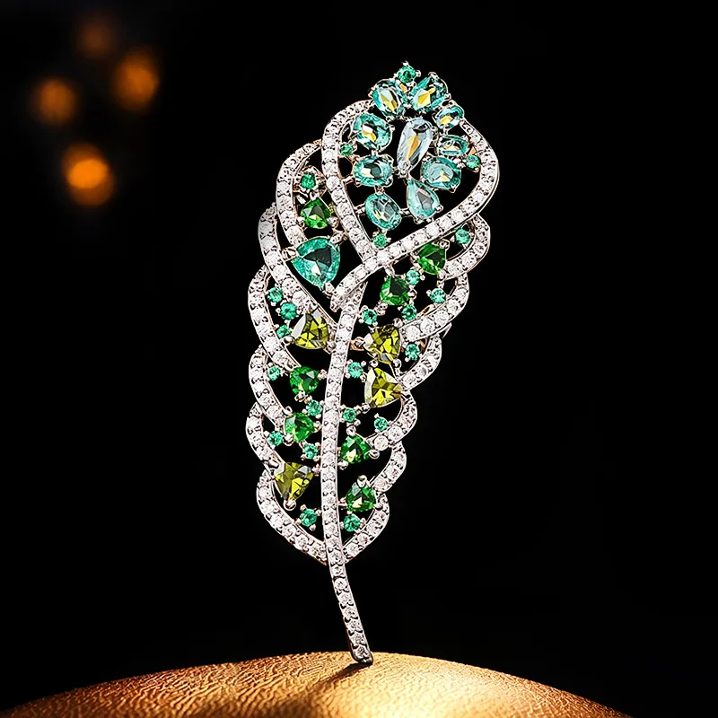 OKILY Gradual Change Color Zirconium Feather Brooch Hollowed Out Full Zircon Treasure Corsage for Women Suit Dress Accessories