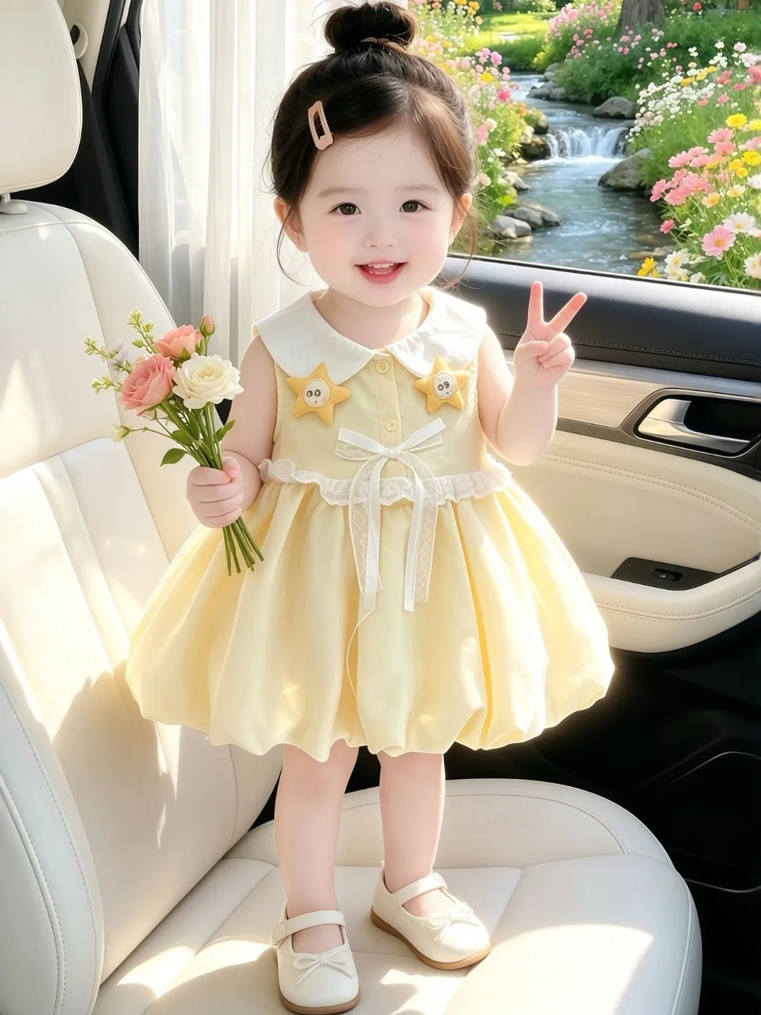 かわいいプリンセスベストドレス女の子のための夏の新しいスタイルノースリーブ人形襟蝶結びミッドレングススカートソフト通気性生地