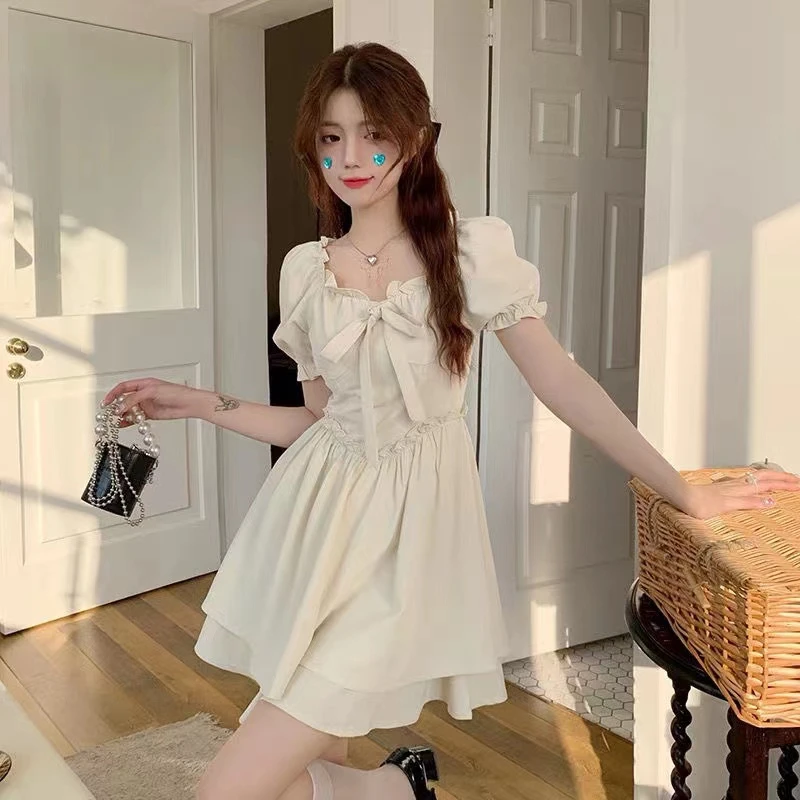 

Summer New Women's Dress Square Collar A-Line Skirt Bubble Sleeve Gentle Wind Waist Cinching Short Sleeve Korean Style Dress