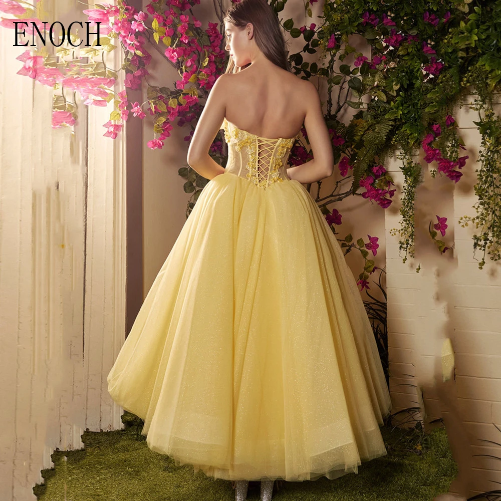 ENOCH Modern A-Line Evening Dresses New Strapless Sleeveless Backless Lace Appliques Tulle Tea Length Prom Gowns فساتين السهرة