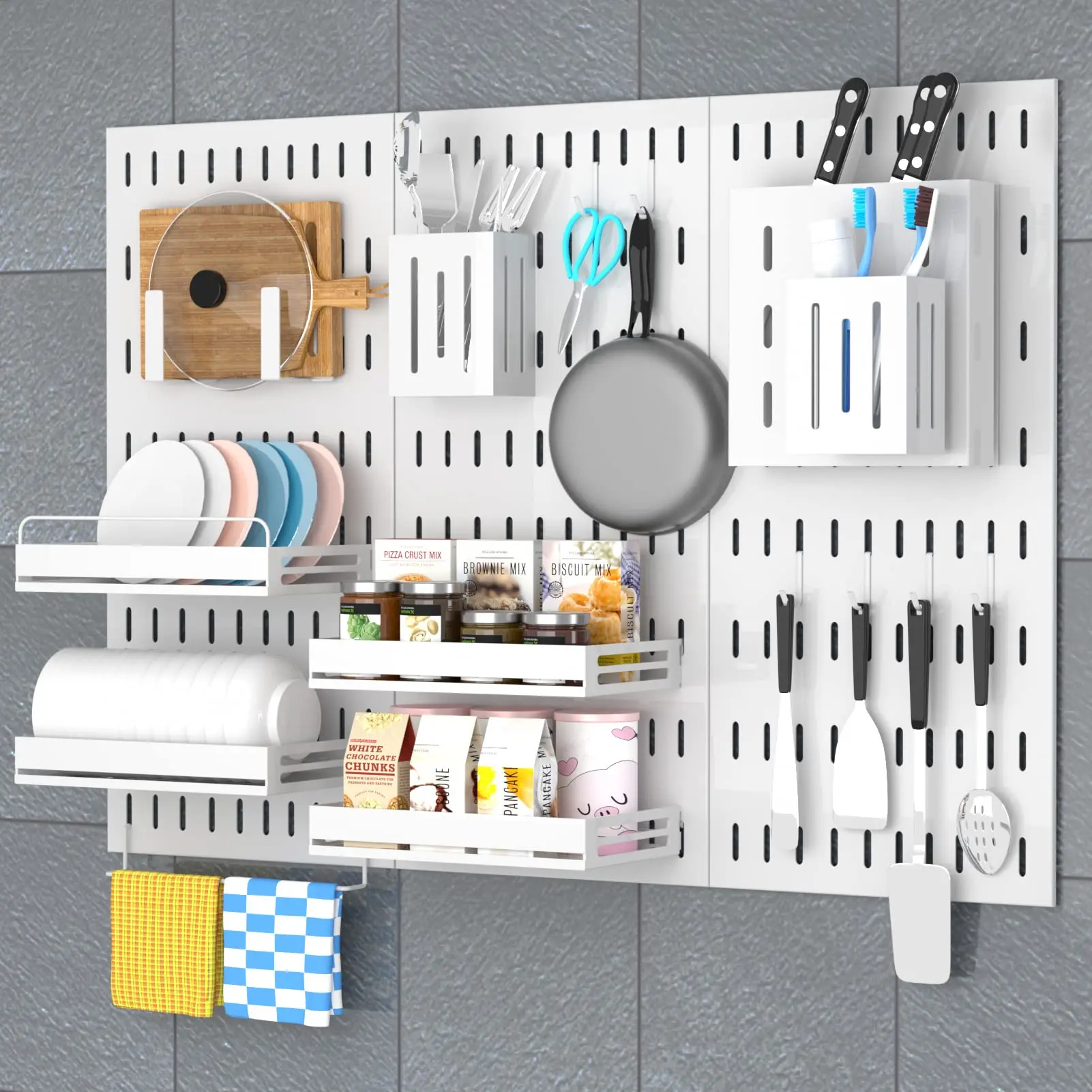 Wall Mounted Galvanized Steel Pegboard, Peg Board Hooks, Organizer Accessories, Spice Rack, Metal White Pegboard Panels