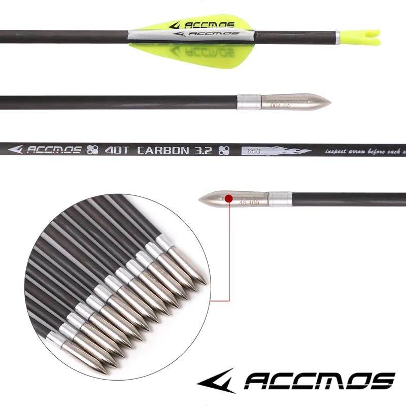 Accmos-Pure Carbon Arrow for Shooting and Hunting, Archery Accessories, Spine 350-1000, ID 3.2, 6PCs, 12 PCs, 36PCs, 0.009