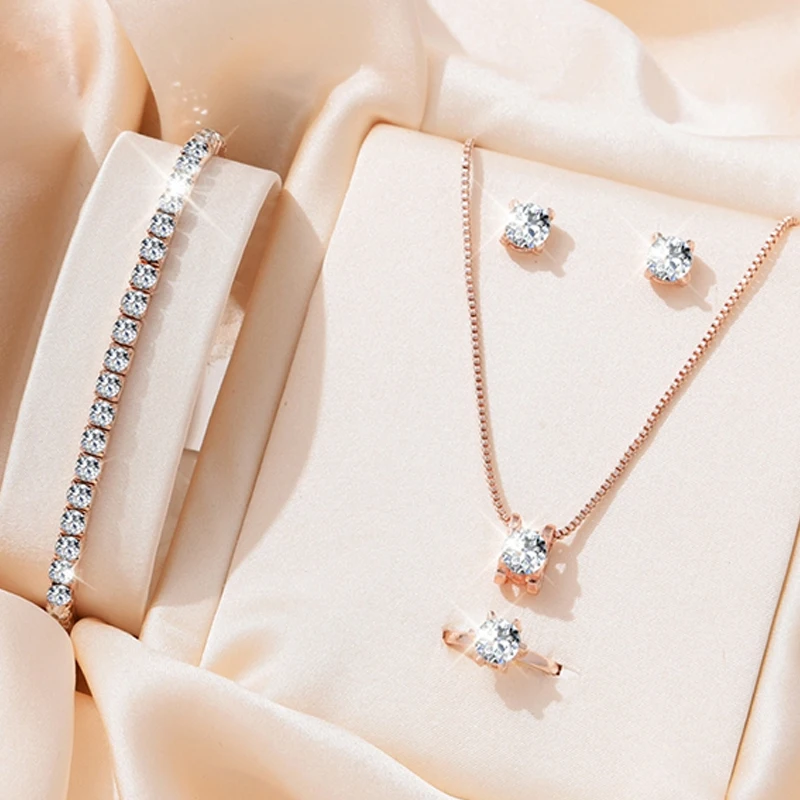 (.) 5Pcs Elegant Crystal Jewelry Sets Women Necklace Earrings Ring Bracelet Princess Jewelry Bridal Wedding Valentine's Day