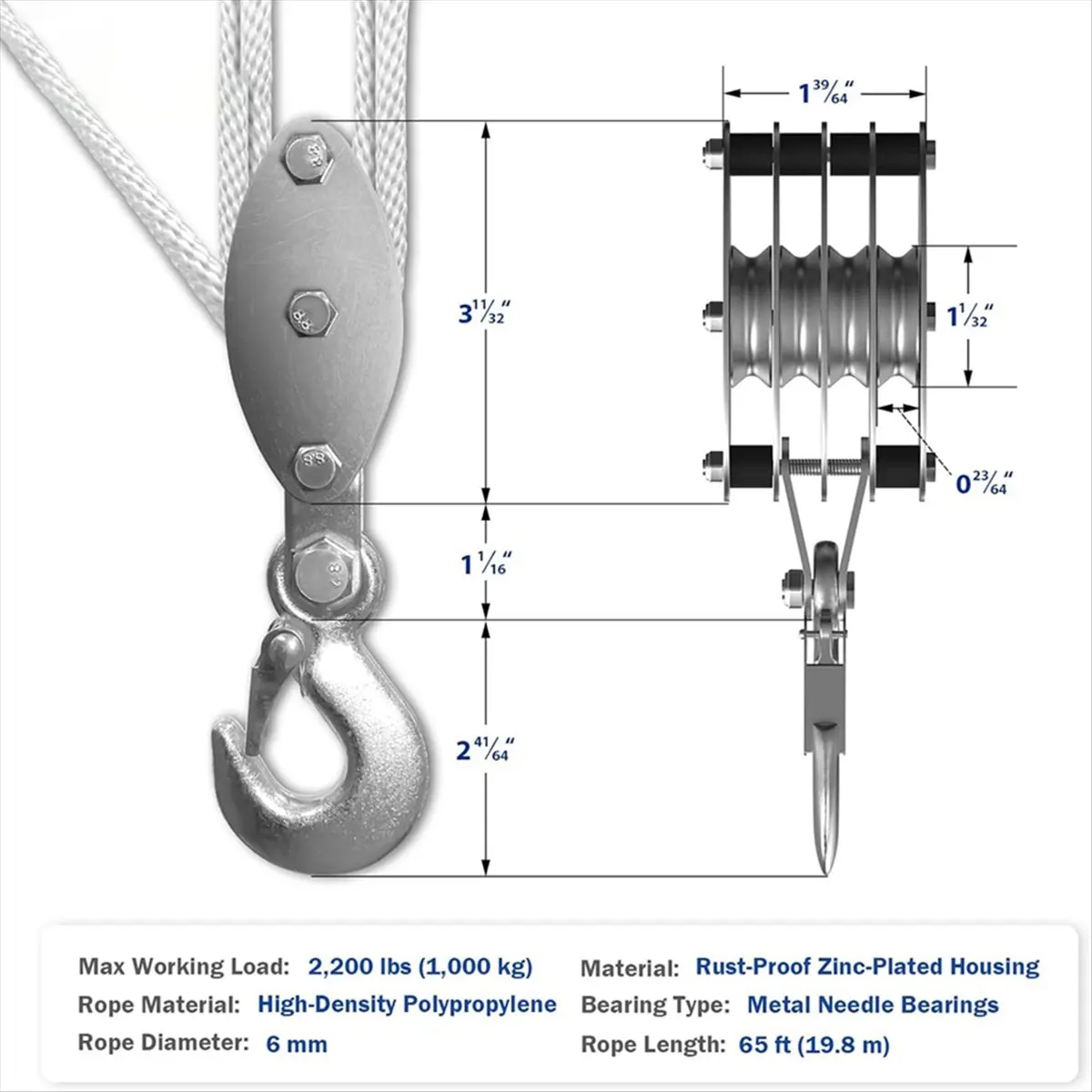 clos-ブロックアンドタックルプーリーシステム、4輪ローププーリーホイスト、2200ポンドの作業荷重、65フィートの1-4インチロープ付き、コンパクトロープホワイト