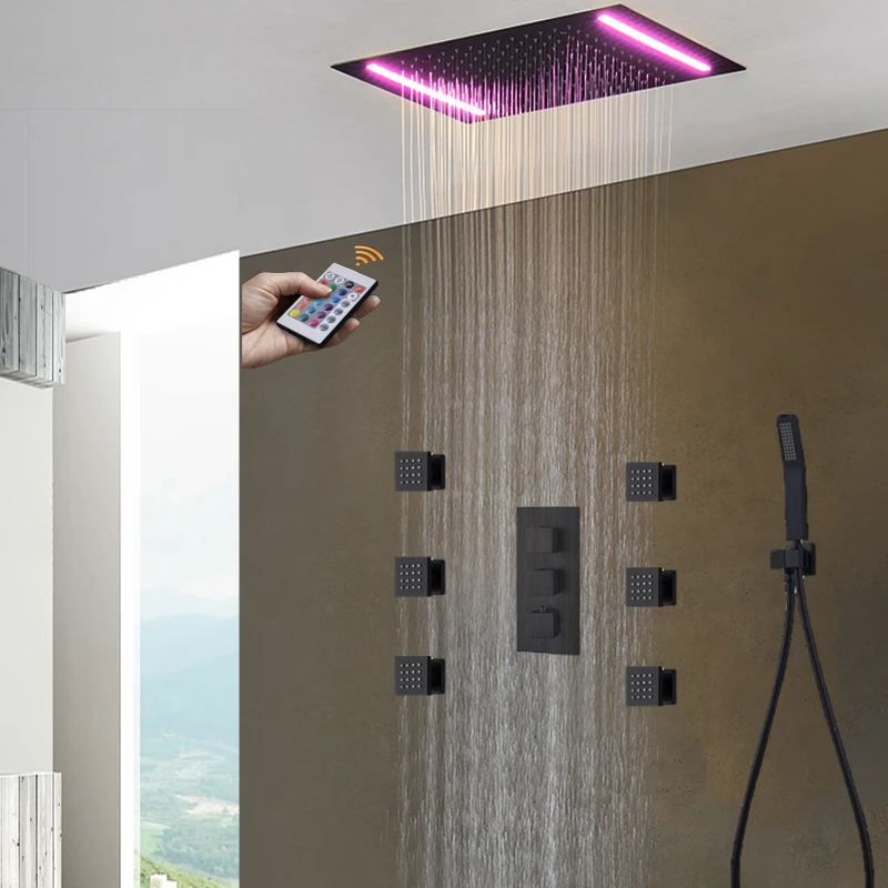 recesso teto led chuveiro torneiras grupo sistema termostatico banheiro matt black shower body jets 360 mm x 500 mm chuva 01