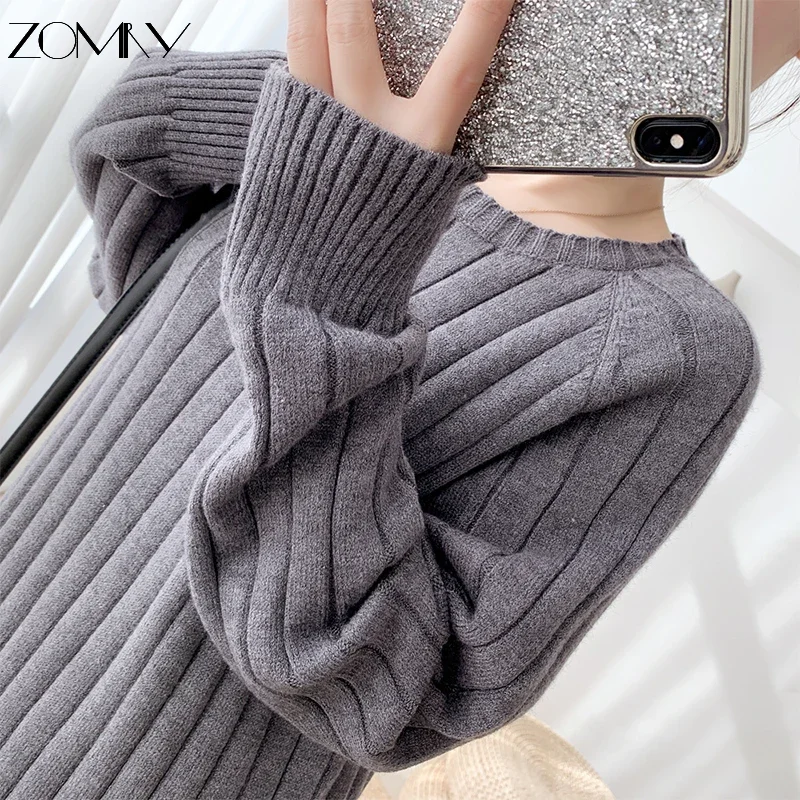 ZOMRY Autumn Fashion New Long Simple Loose Knitted Dress Korean Women\'s O-Neck Elegant Casual Straight Sweater Warm Vest Dresses