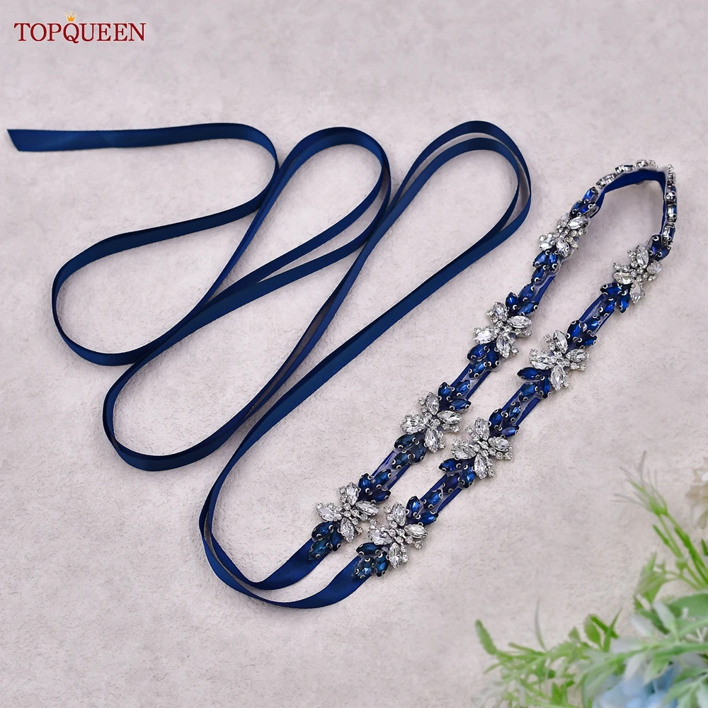 TOPQUEEN Rhinestone Flower Wedding Sash Hand Sewing Applique Bridal Thin Belt Important Holiday Gift Banquet Dress Accessories