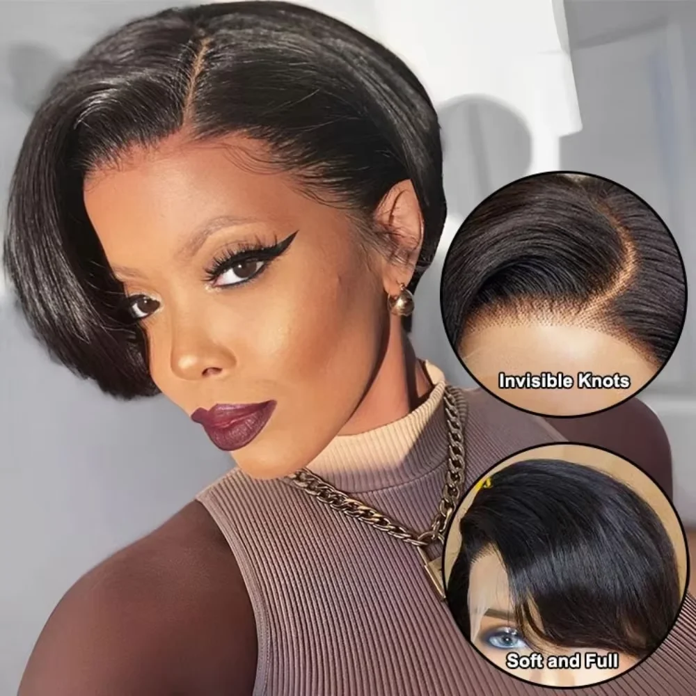 

Парик Pixie Cut 13x4 с прозрачной кружевной вставкой для женщин, короткий парик-боб, бразильские прямые волосы, HD кружевная вставка, парик из натуральных волос, плотность 200%