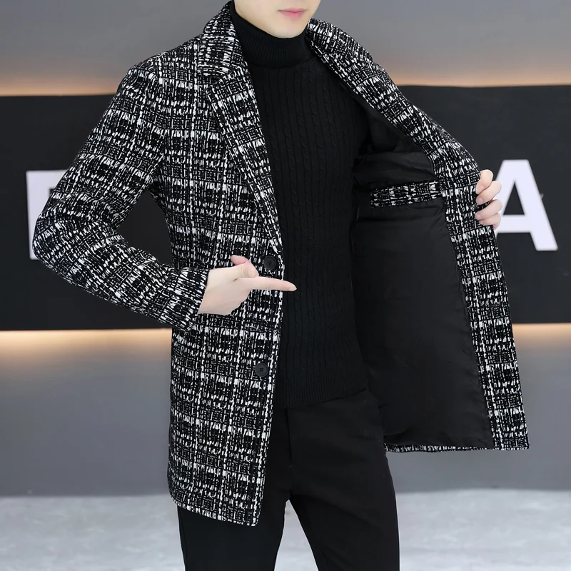 Fashion Men's Striped Woolen Coats 2026 Spring Autumn Streetwear Plaid Tops Trench Jackets Clothing Casual Checkered Windbreaker