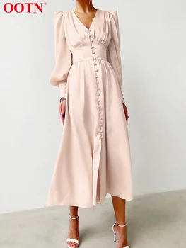 OOTN – Robe longue blanche en Satin pour femmes, simple boutonnage, élégante, Robe de soirée, taille haute, Sexy, manches lanternes, robes mi-longues, 2024
