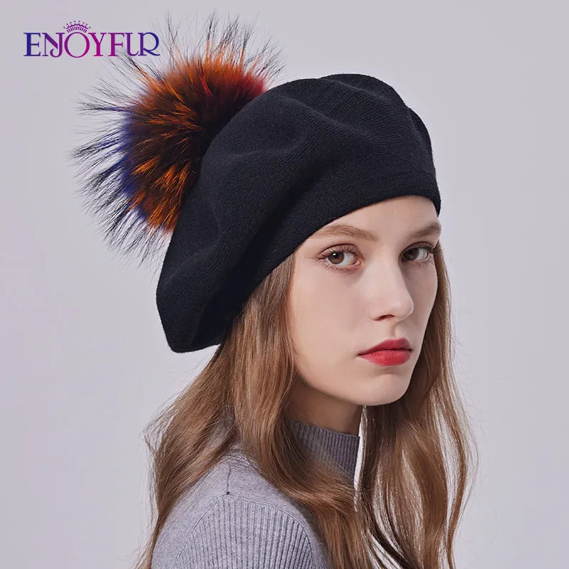 ENJOYFUR Women Winter Classic Frech Beret Wool Cashmere Knit Beret With Real Big Fluffy Fur Pom Pom Lady Fashion Warm Beret Hat